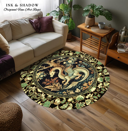 Mystical Fantasy Dragon Round Area Rug Enchanting Dark Nature | Ancient Aesthetic Chinese Dragon Art Ethereal Dragon Decoration Forestcore