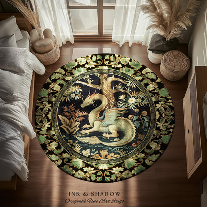Mystical Fantasy Dragon Round Area Rug Enchanting Dark Nature | Ancient Aesthetic Chinese Dragon Art Ethereal Dragon Decoration Forestcore