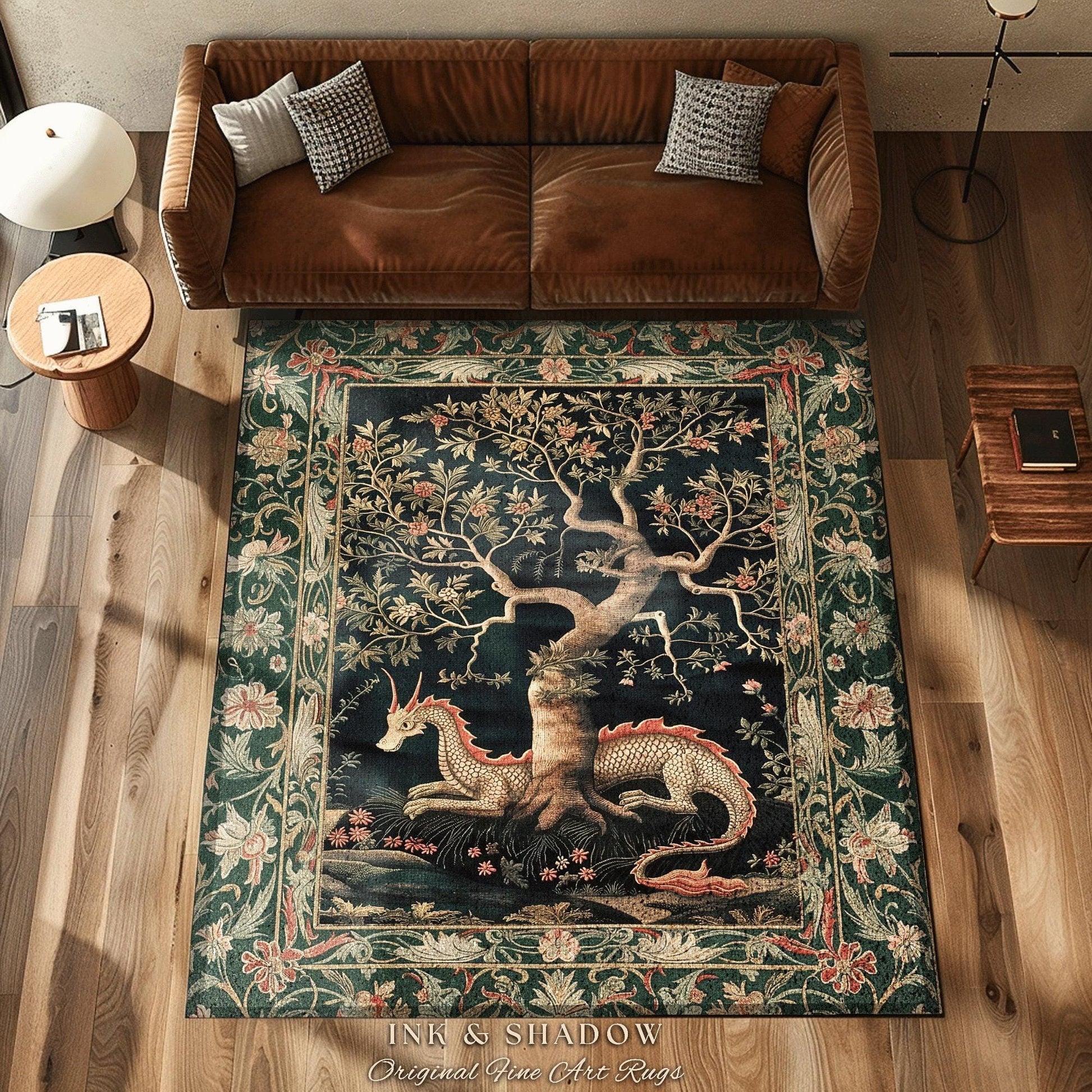 Woodland Mysticism Round Floor Rug | Ethereal Gothic Book Nook Decor Fairy Bedroom Magic Aesthetic Maximalist Cottagecore Dragon Lover Gift