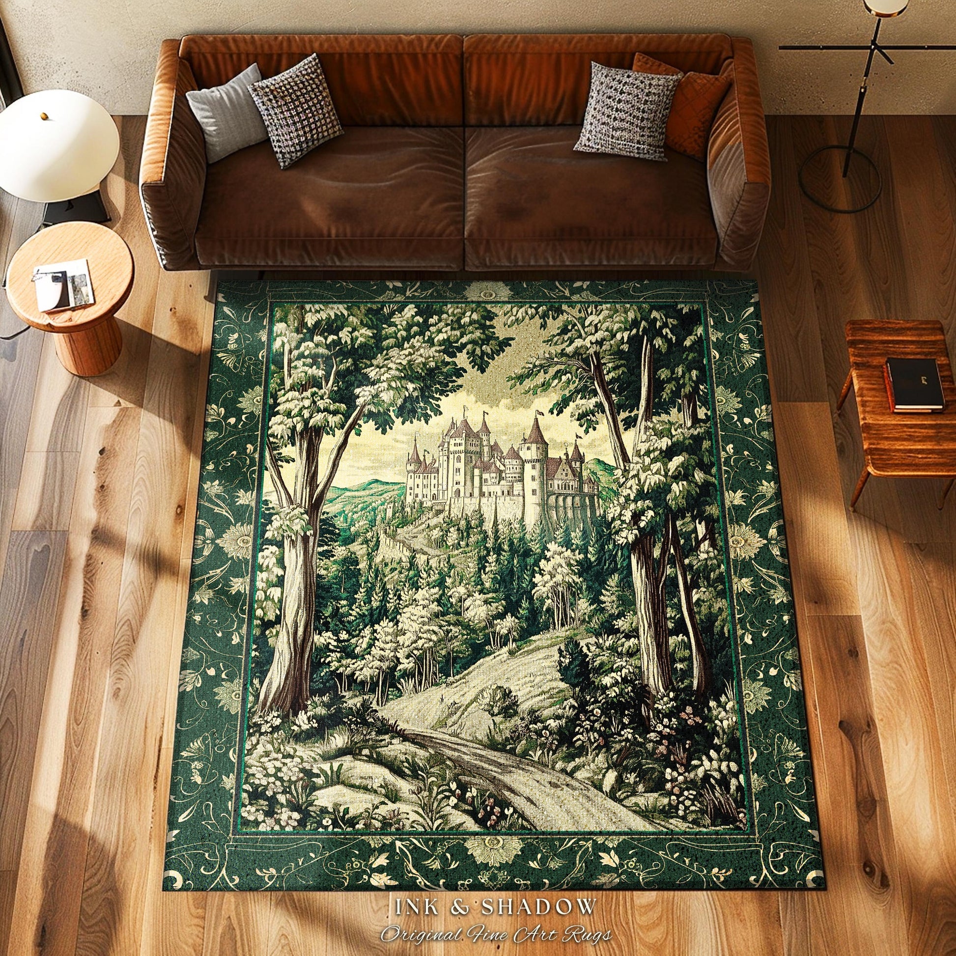 Medieval Castle Woodland Forest Round Rug | Forestcore Dark Academia Fairytale Inspired Fairycore Aesthetic Accent Rug Magical Emerald Decor