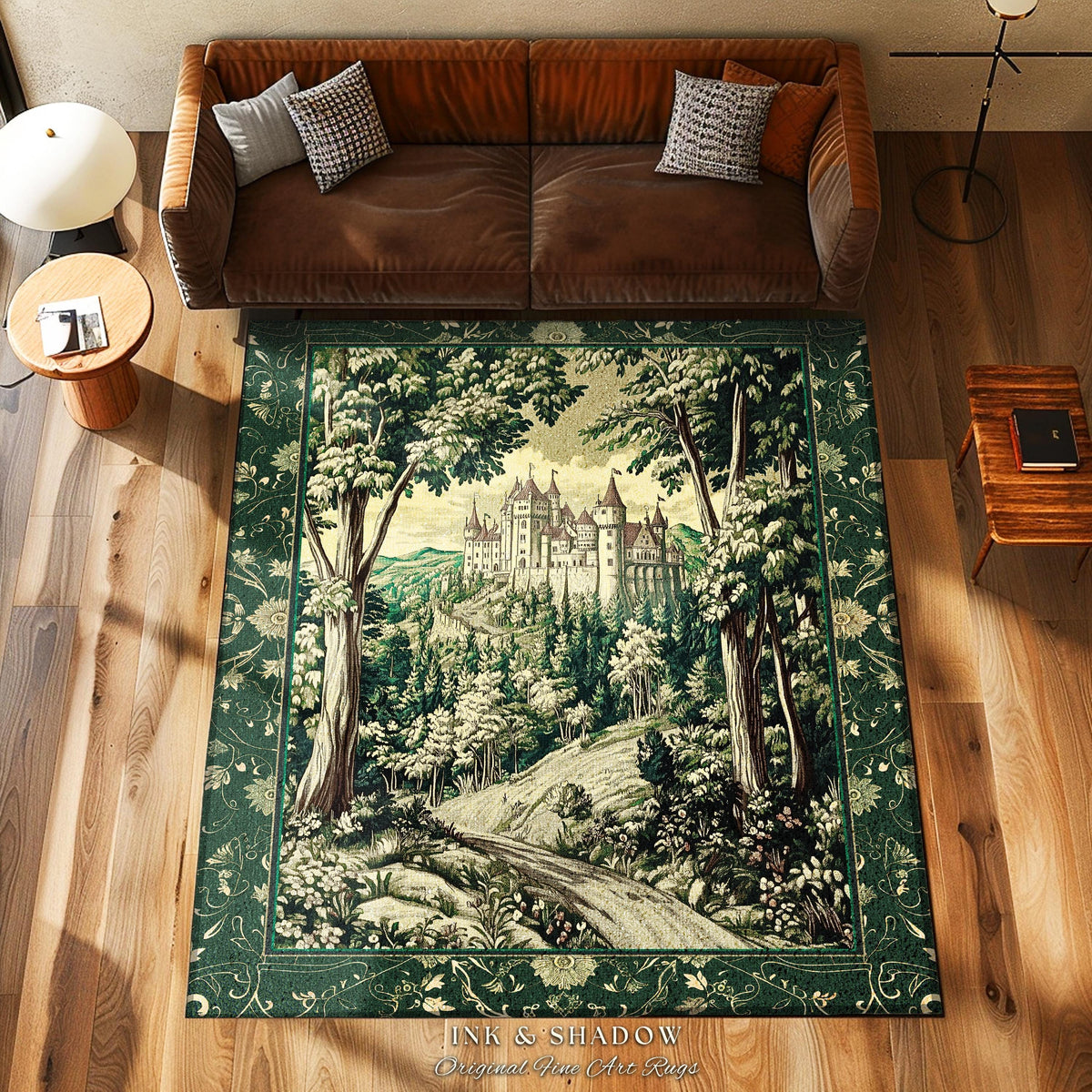 Medieval Castle Woodland Forest Round Rug | Forestcore Dark Academia Fairytale Inspired Fairycore Aesthetic Accent Rug Magical Emerald Decor