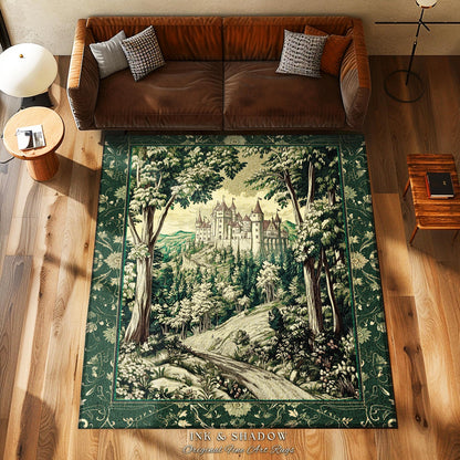 Medieval Castle Woodland Forest Round Rug | Forestcore Dark Academia Fairytale Inspired Fairycore Aesthetic Accent Rug Magical Emerald Decor