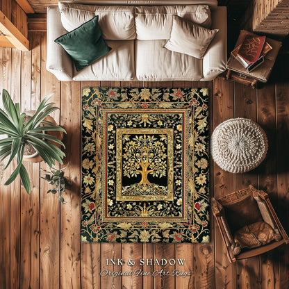 Regal Golden Tree of Life Accent Rug | Gilt Border Ornate Medieval Design Folklore Style Woodland Decor Maximalist Area Rug Nordic Aesthetic