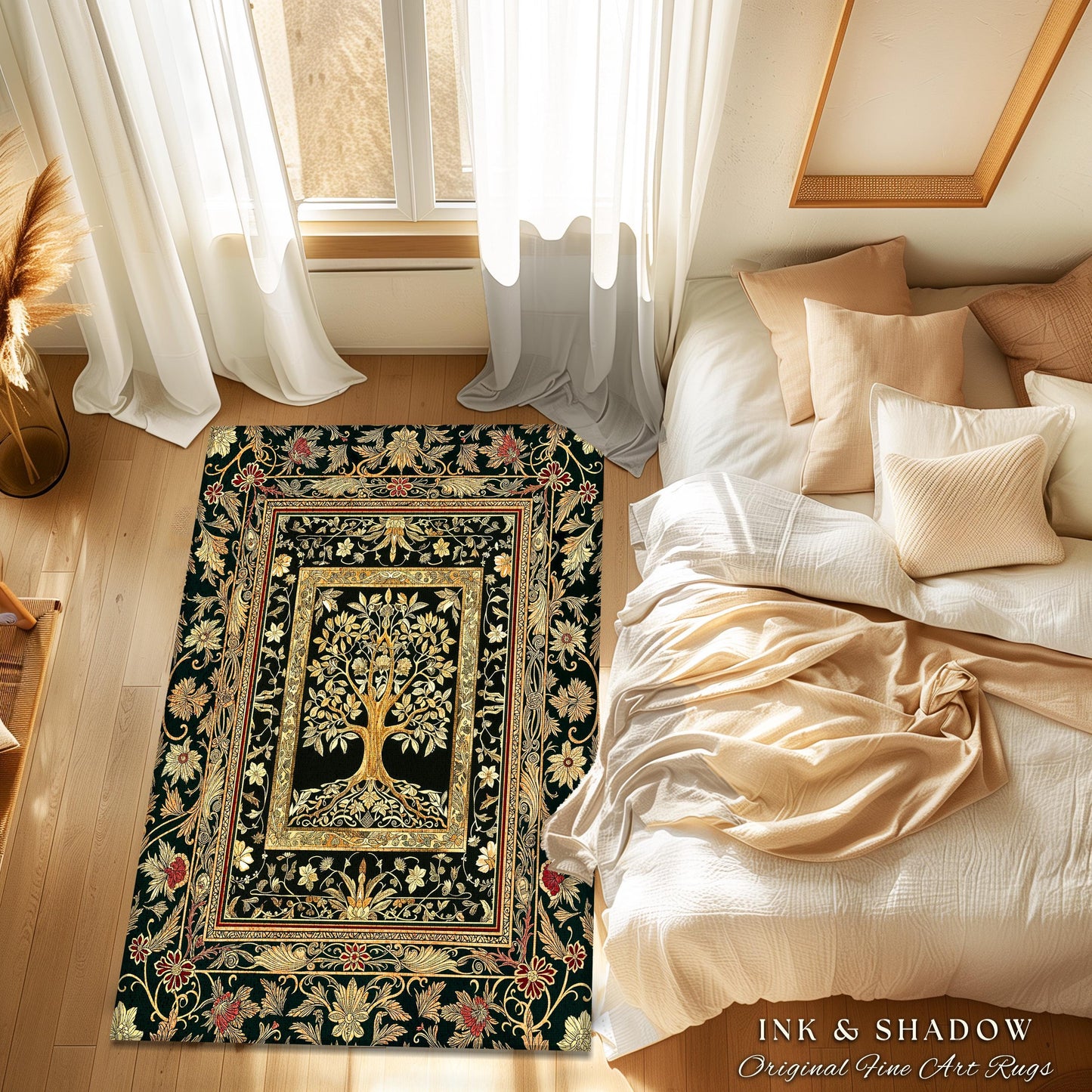Regal Golden Tree of Life Accent Rug | Gilt Border Ornate Medieval Design Folklore Style Woodland Decor Maximalist Area Rug Nordic Aesthetic