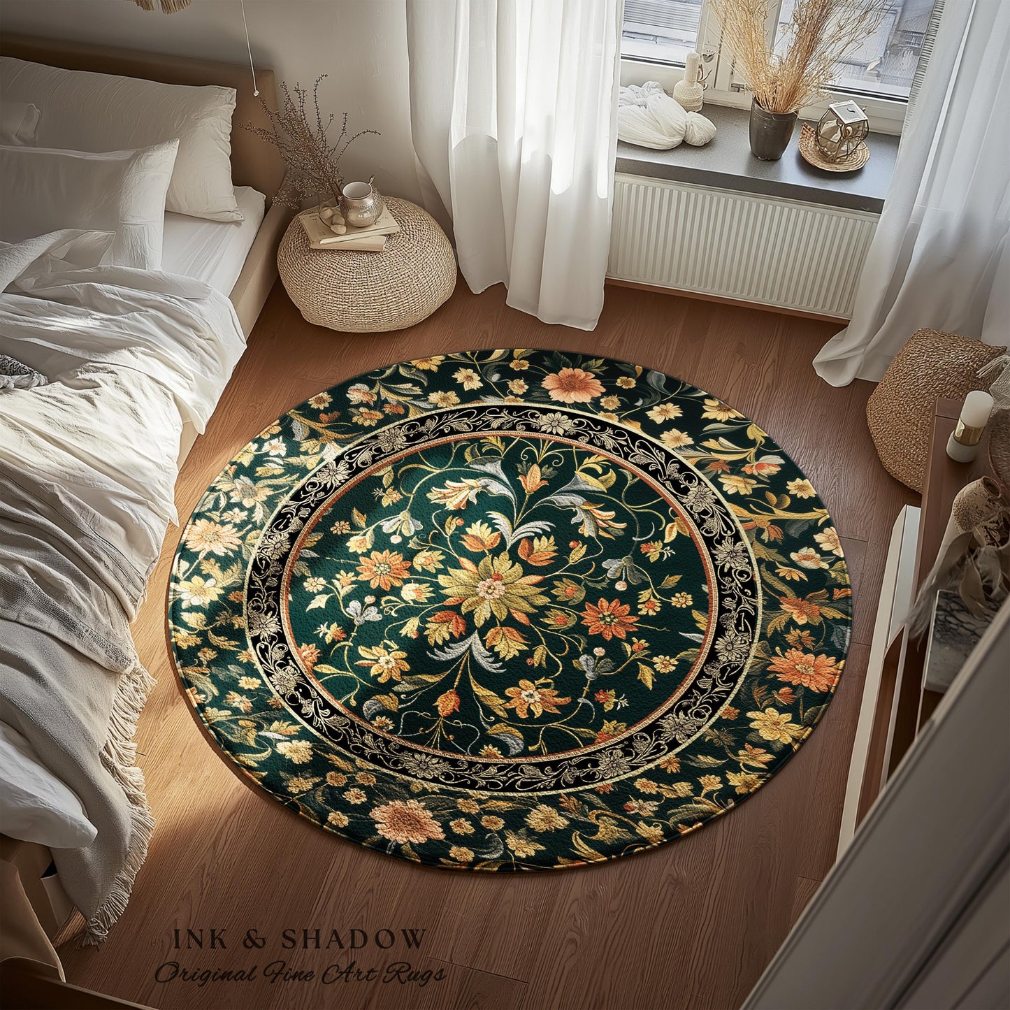 Dark Floral Living Room Rug | Wildflower Aesthetic Ornate Gothic Home Decor Rustic Boho Housewarming Gift Dark Academia Bedroom Folklore Art