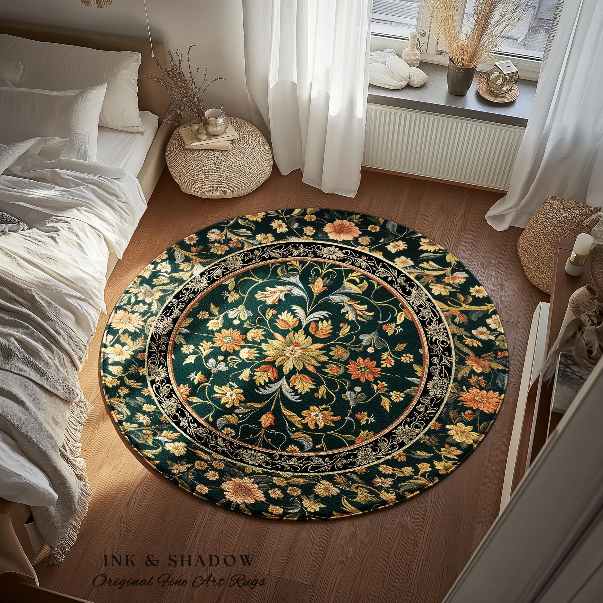 Dark Floral Living Room Rug | Wildflower Aesthetic Ornate Gothic Home Decor Rustic Boho Housewarming Gift Dark Academia Bedroom Folklore Art
