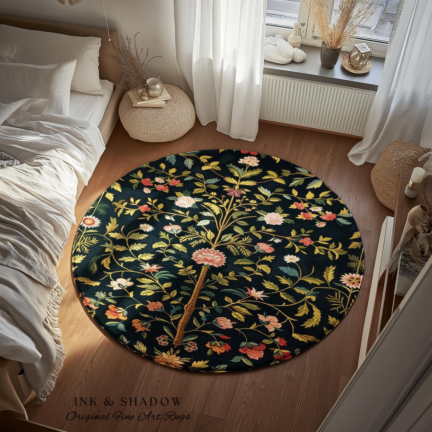 Boho Scandinavian Floral Area Rug | Wildflower Aesthetic Danish Pastel Home Decor Rustic Housewarming Gift Dark Academia Bedroom Folklore |