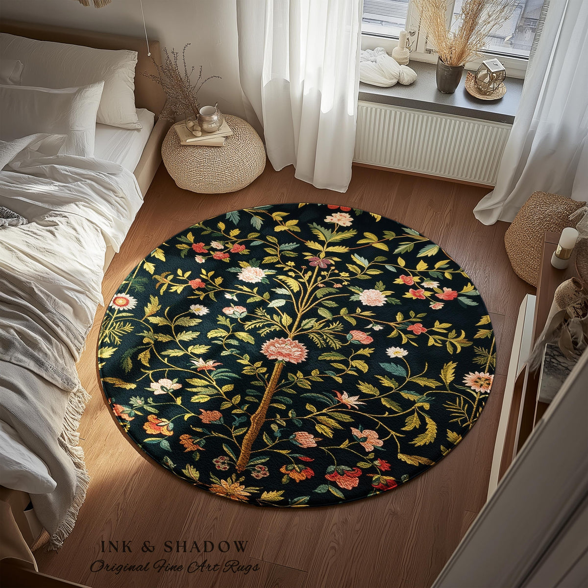 Boho Scandinavian Floral Area Rug | Wildflower Aesthetic Danish Pastel Home Decor Rustic Housewarming Gift Dark Academia Bedroom Folklore |