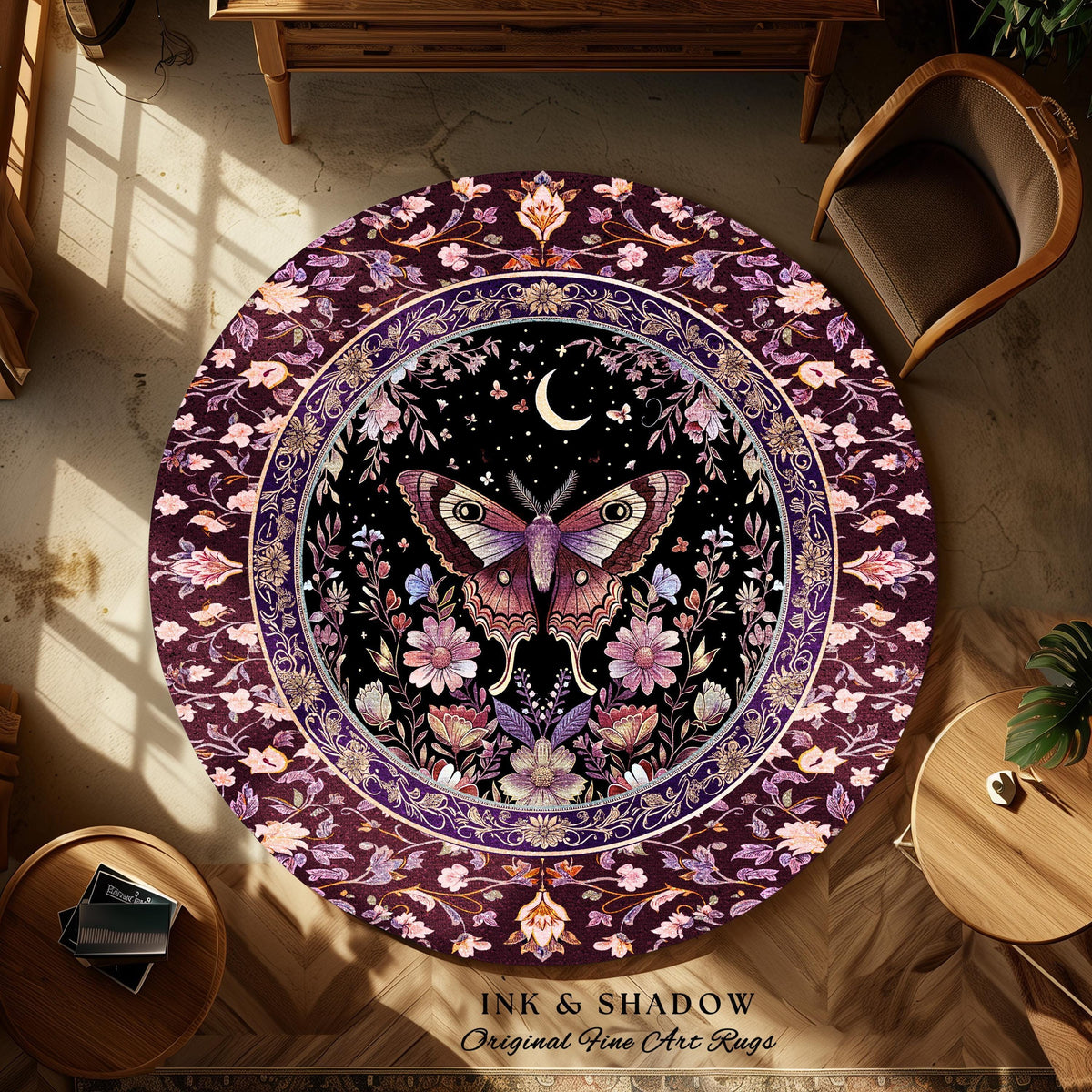Purple Moth Celestial Rug Boho Fairycore Dark Floral Decor | Enchanted Fairy Cottagecore Butterfly Lovers Moth Moon Rug Whimsical Goth Gift