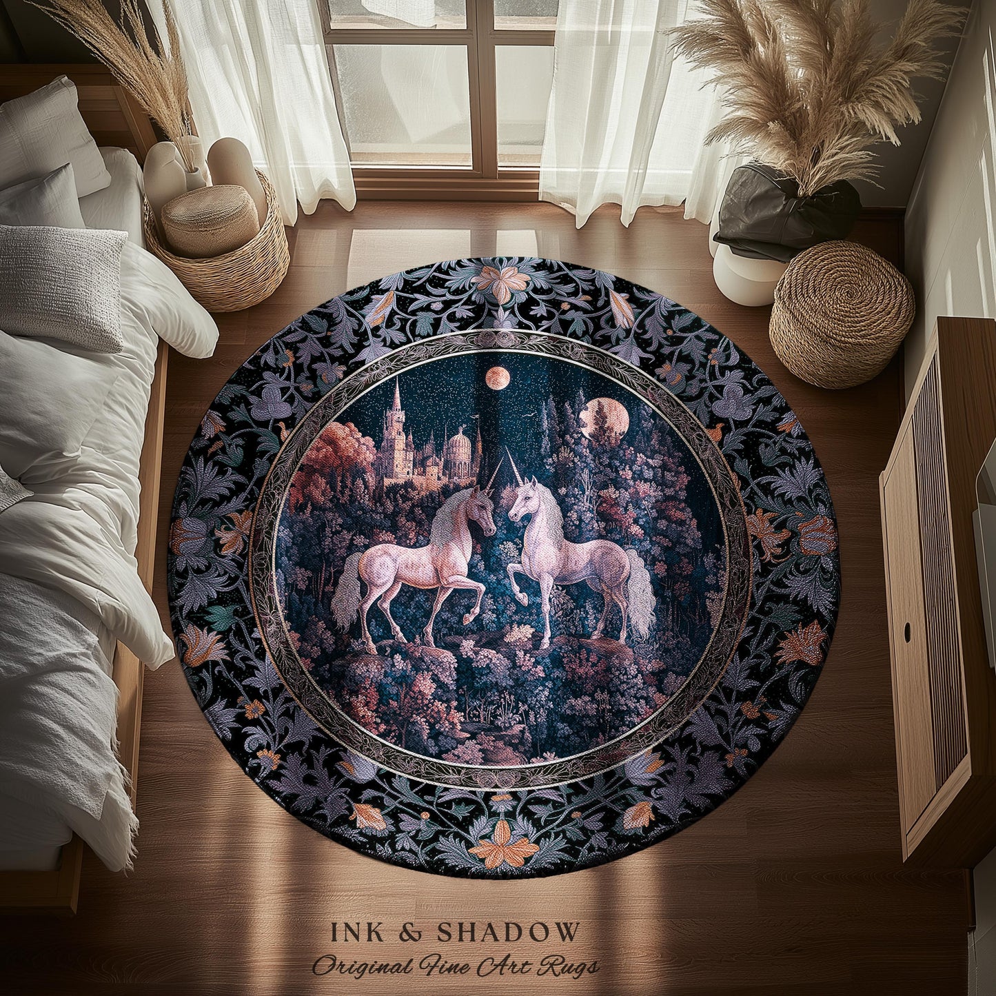 Moody Moonlit Unicorn Accent Rug | Elegant Medieval Florals Lavender Purple Whimsical Folklore Woven Tapestry Blanket Fairytale Area Rug |