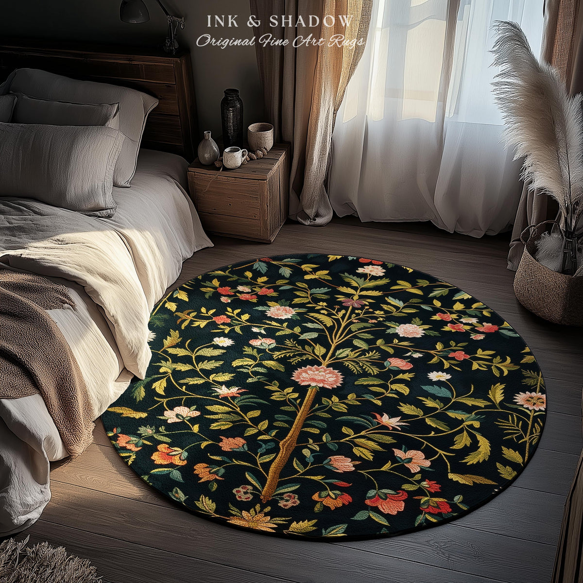 Boho Scandinavian Floral Area Rug | Wildflower Aesthetic Danish Pastel Home Decor Rustic Housewarming Gift Dark Academia Bedroom Folklore |