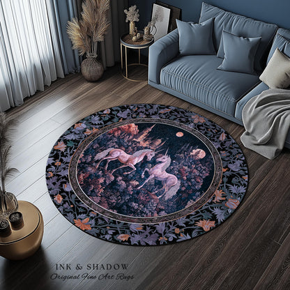Moody Moonlit Unicorn Accent Rug | Elegant Medieval Florals Lavender Purple Whimsical Folklore Woven Tapestry Blanket Fairytale Area Rug |