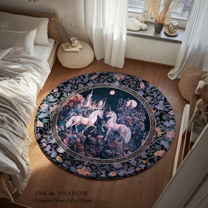 Moody Moonlit Unicorn Accent Rug | Elegant Medieval Florals Lavender Purple Whimsical Folklore Woven Tapestry Blanket Fairytale Area Rug |