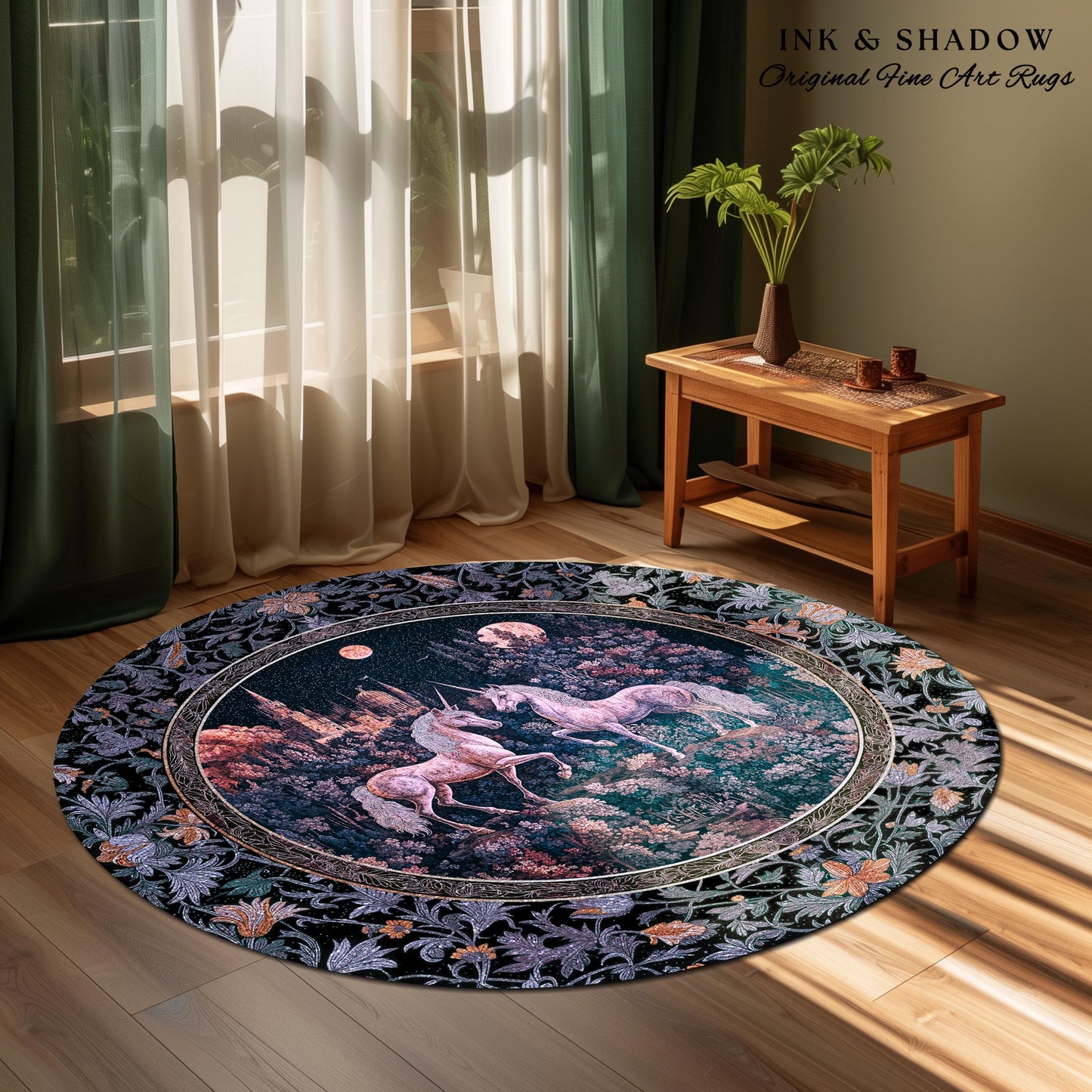 Moody Moonlit Unicorn Accent Rug | Elegant Medieval Florals Lavender Purple Whimsical Folklore Woven Tapestry Blanket Fairytale Area Rug |