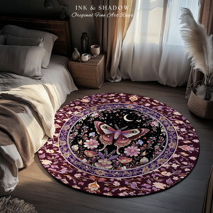 Purple Moth Celestial Rug Boho Fairycore Dark Floral Decor | Enchanted Fairy Cottagecore Butterfly Lovers Moth Moon Rug Whimsical Goth Gift