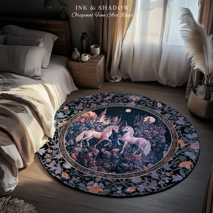 Moody Moonlit Unicorn Accent Rug | Elegant Medieval Florals Lavender Purple Whimsical Folklore Woven Tapestry Blanket Fairytale Area Rug |