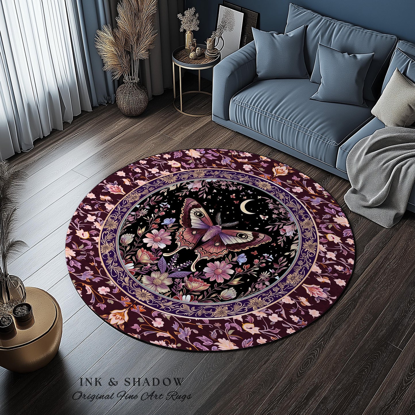 Purple Moth Celestial Rug Boho Fairycore Dark Floral Decor | Enchanted Fairy Cottagecore Butterfly Lovers Moth Moon Rug Whimsical Goth Gift