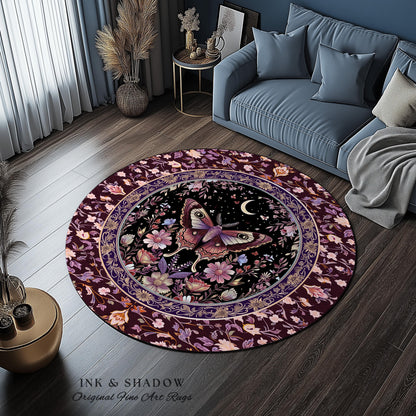 Purple Moth Celestial Rug Boho Fairycore Dark Floral Decor | Enchanted Fairy Cottagecore Butterfly Lovers Moth Moon Rug Whimsical Goth Gift