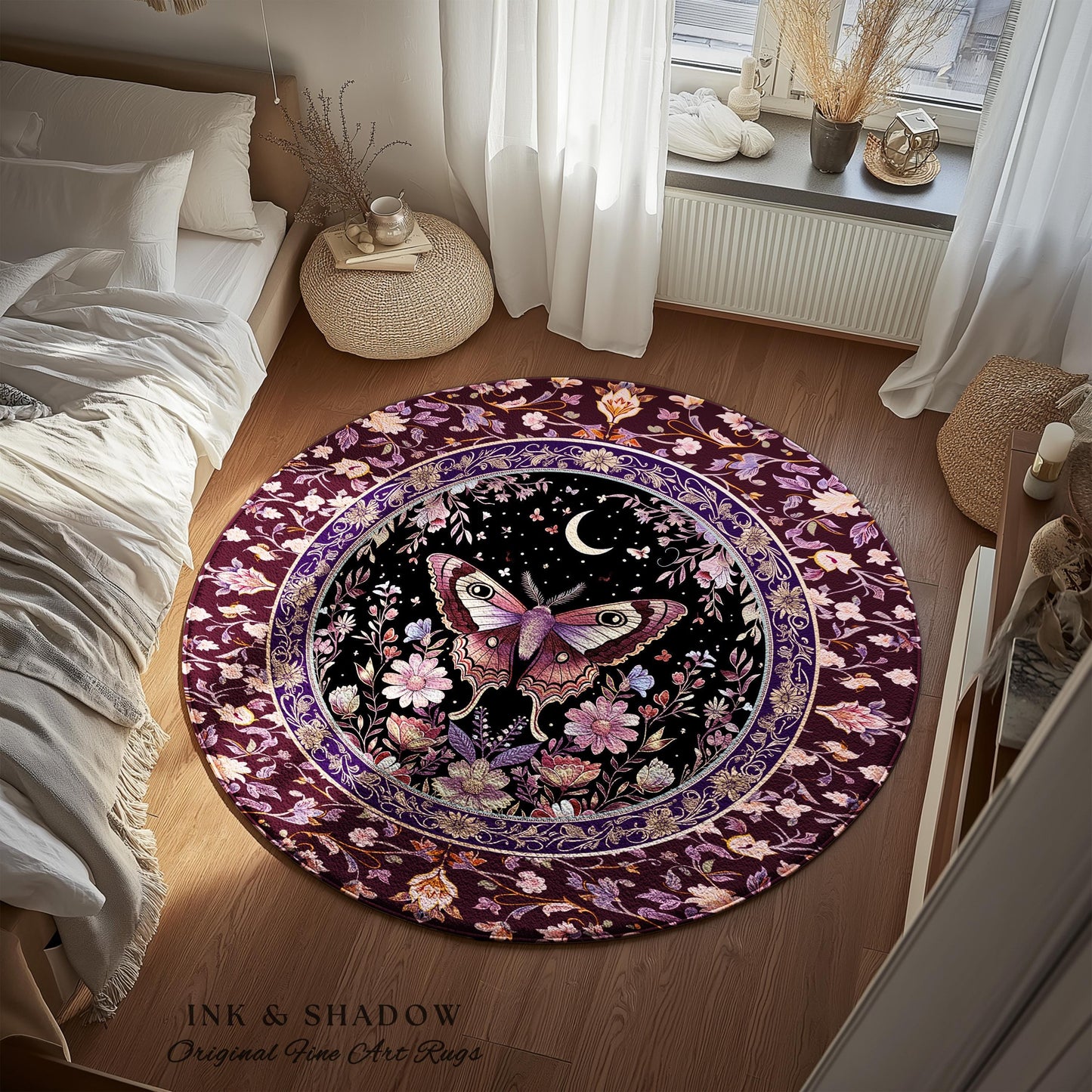 Purple Moth Celestial Rug Boho Fairycore Dark Floral Decor | Enchanted Fairy Cottagecore Butterfly Lovers Moth Moon Rug Whimsical Goth Gift