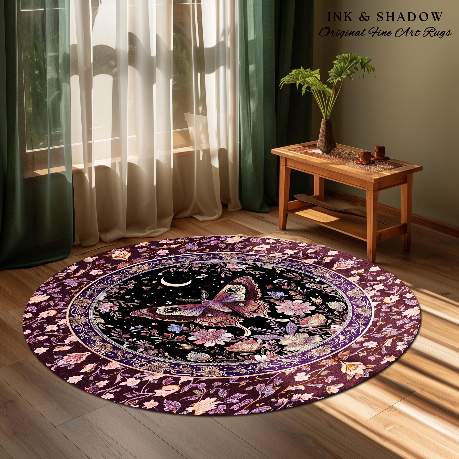 Purple Moth Celestial Rug Boho Fairycore Dark Floral Decor | Enchanted Fairy Cottagecore Butterfly Lovers Moth Moon Rug Whimsical Goth Gift