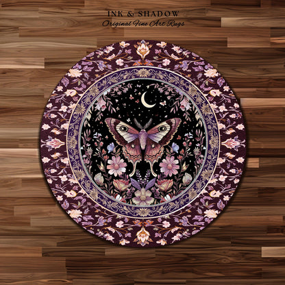 Purple Moth Celestial Rug Boho Fairycore Dark Floral Decor | Enchanted Fairy Cottagecore Butterfly Lovers Moth Moon Rug Whimsical Goth Gift