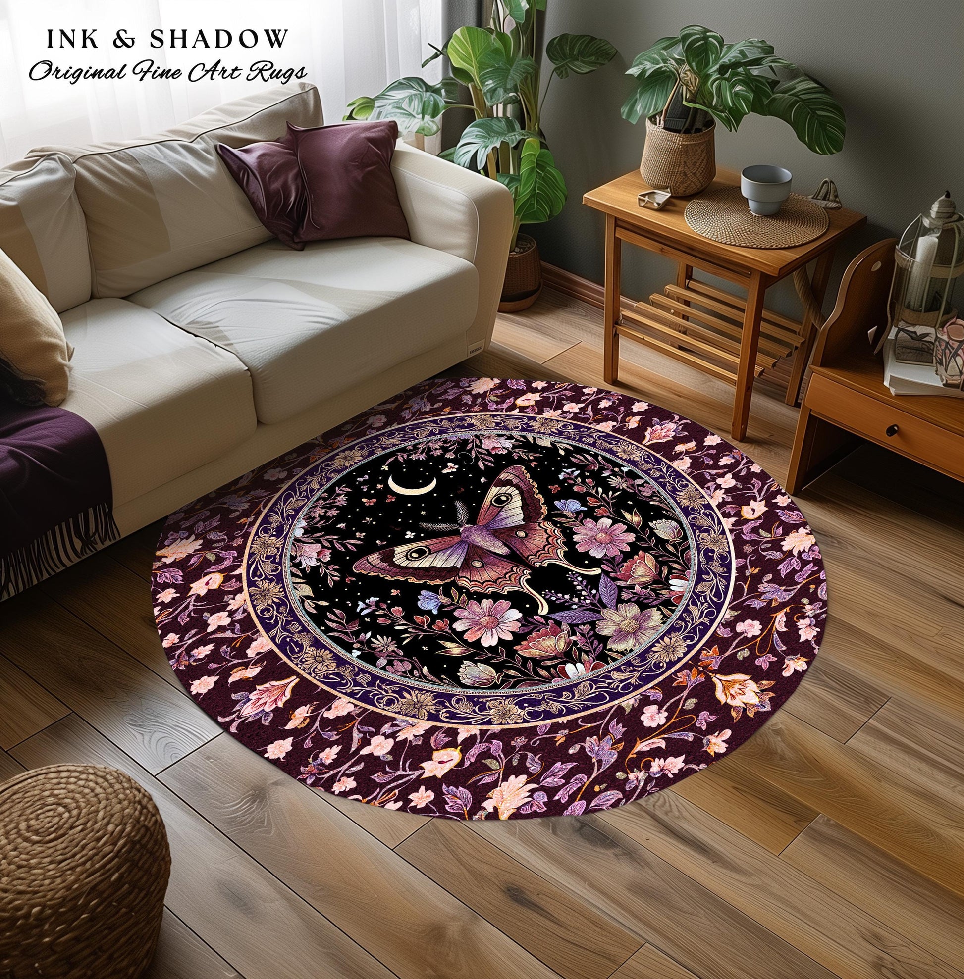 Purple Moth Celestial Rug Boho Fairycore Dark Floral Decor | Enchanted Fairy Cottagecore Butterfly Lovers Moth Moon Rug Whimsical Goth Gift