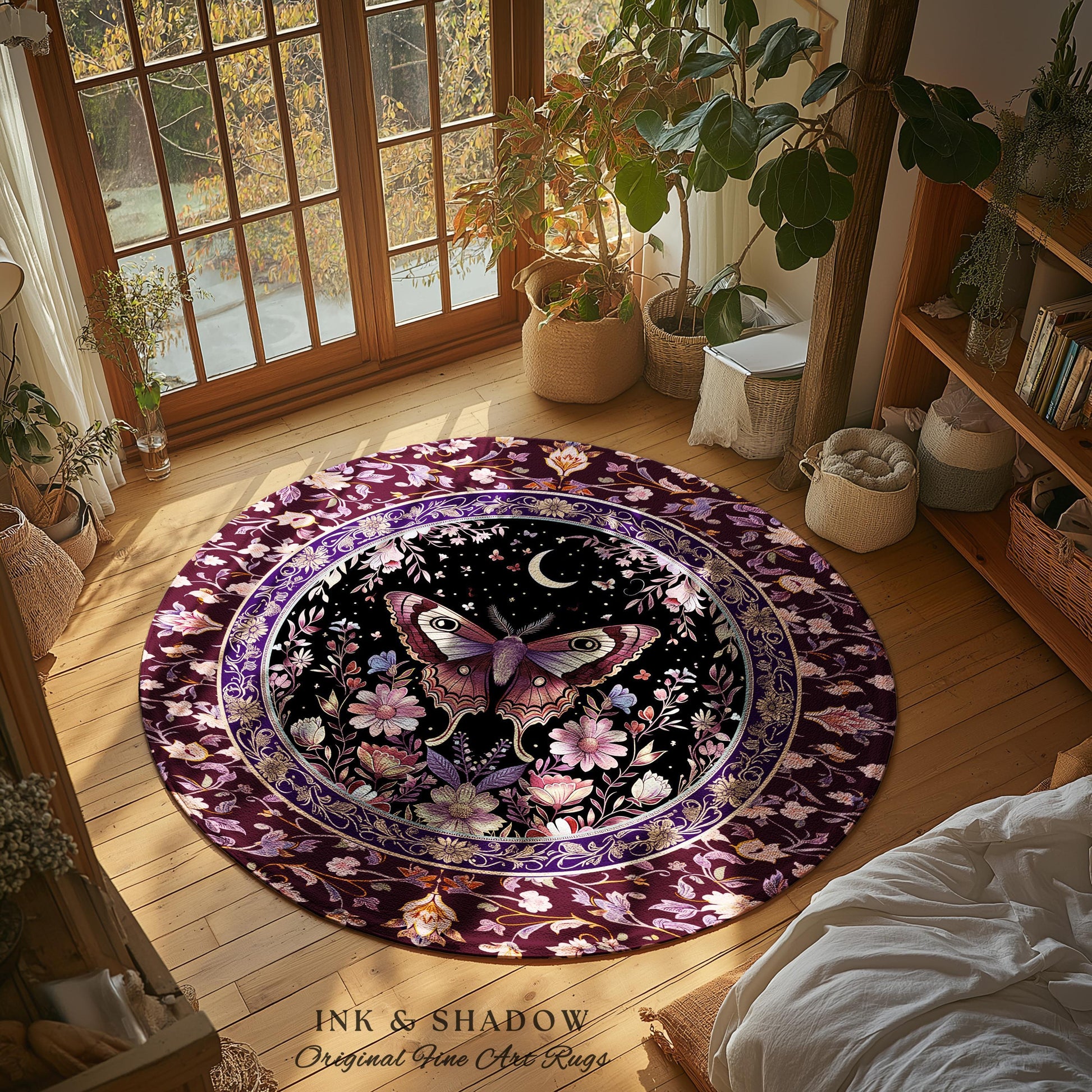 Purple Moth Celestial Rug Boho Fairycore Dark Floral Decor | Enchanted Fairy Cottagecore Butterfly Lovers Moth Moon Rug Whimsical Goth Gift