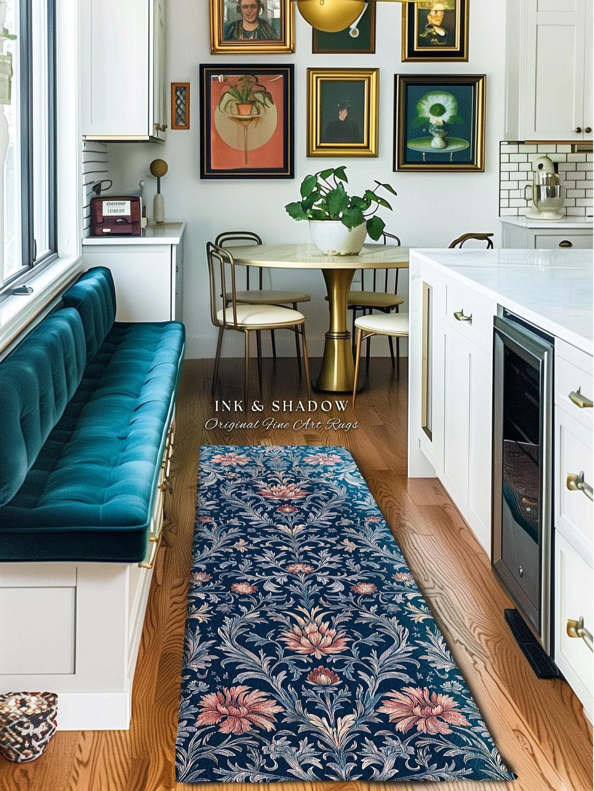 Rustic Blue Floral Ornate Area Rug | Romantic Opulence Vintage Renaissance Themed Elegant Accent Rug Dark Academia Victorian Gothic Decor |