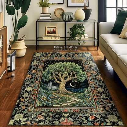 Fairytale Castle Tree of Life Area Rug | Celestial Forest Landscape Starry Sky Decor Witchy Home Aesthetic Mystical Cottagecore Accent Boho