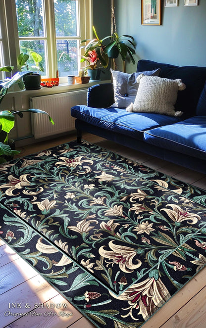 Enchanted Teal Botanical Lily Flowers Runner Rug | Art Nouveau Floral Folk Art Entryway Accent Cottage Garden Inspired Dark Academia Decor