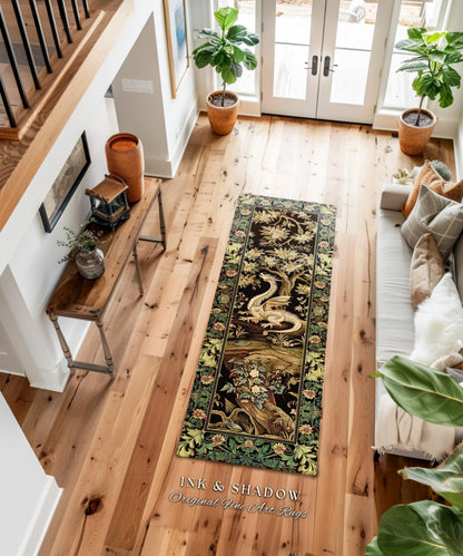 Woodland Gothic White Dragon Runner Enchanted Forest Decor | Mystical Dark Academia Whimsical Fantasy Forestcore Dark Nature Art Deco Rug