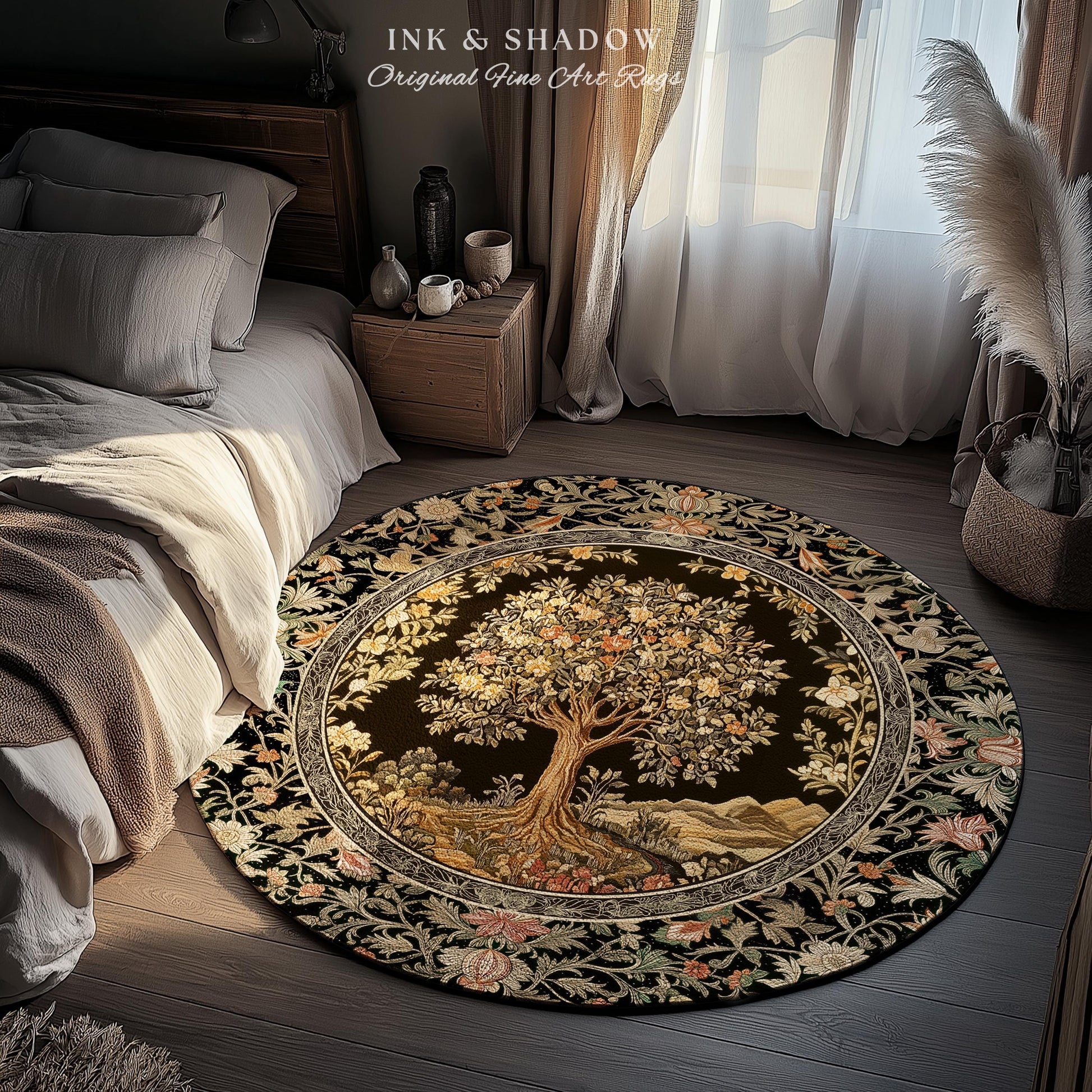 Muted Tones Eclectic Tree of Life Rug | Rustic Bohemian Aesthetic Decor Nature Inspired Bedroom Accent Rug Enchanted Cottagecore Fairycore