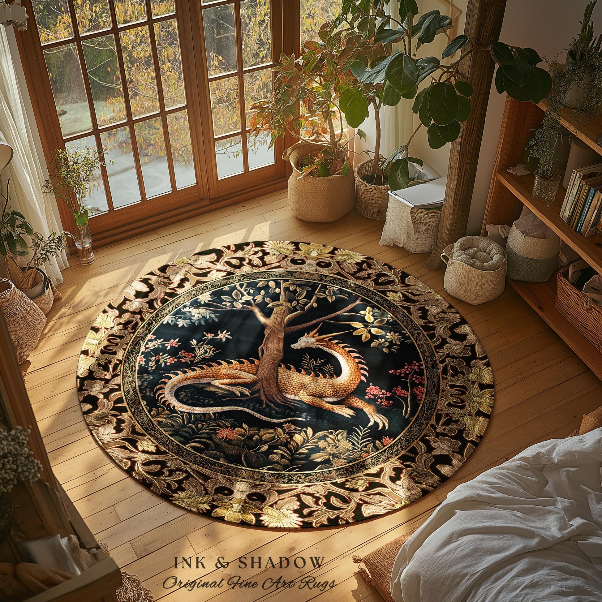 Ancient Dragon Art Round Area Rug Mystical Enchanting Forest Decor | Antique Baroque Aesthetic Academia Dark Fantasy Ethereal Folklore Home
