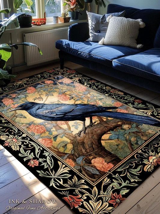 Witchy Room Decor Rug | Ethereal Bedroom Decor William Morris Inspired Cottagecore Aesthetic Dark Fairycore Book Nook Woodland Crowcore Art