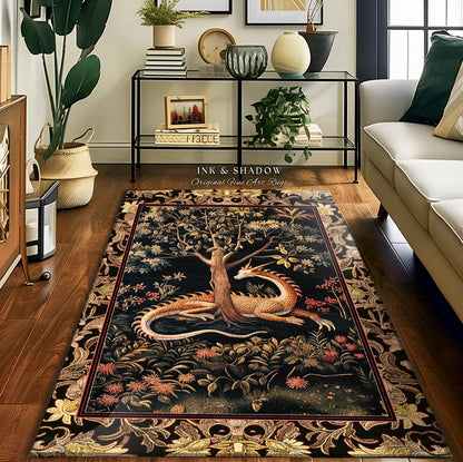Ancient Dragon Art Round Area Rug Mystical Enchanting Forest Decor | Antique Baroque Aesthetic Academia Dark Fantasy Ethereal Folklore Home