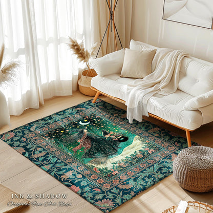 Magic Landscape Winter Witch Rug | Moonlit Ethereal Witchy Bedroom Accent Gothic Decor Moon Black Cat Whimsical Folklore Cottagecore Style