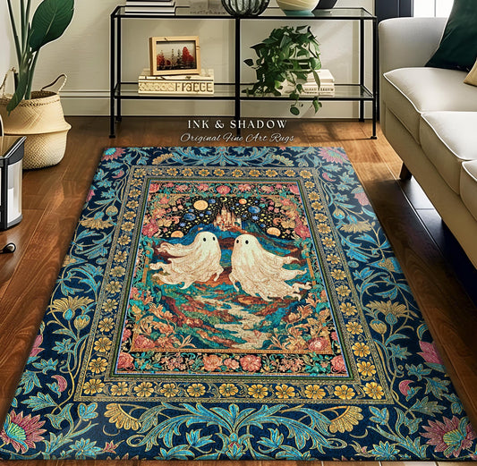 Celestial Cottagecore Ghost Lovers Rug | Cozy Fall Home Accent Dark Academia Halloween Decor Whimsigoth Botanical Witchy Haunted Forest |