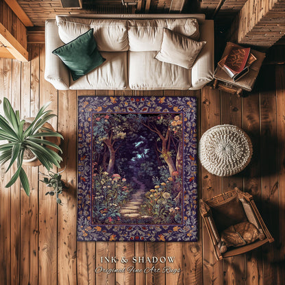 Magical Woodland Mushroom Round Rug | Fairytale Theme Woodland Botanical Aesthetic Whimsical Home Decor Bedroom Housewarming Gift Purple |