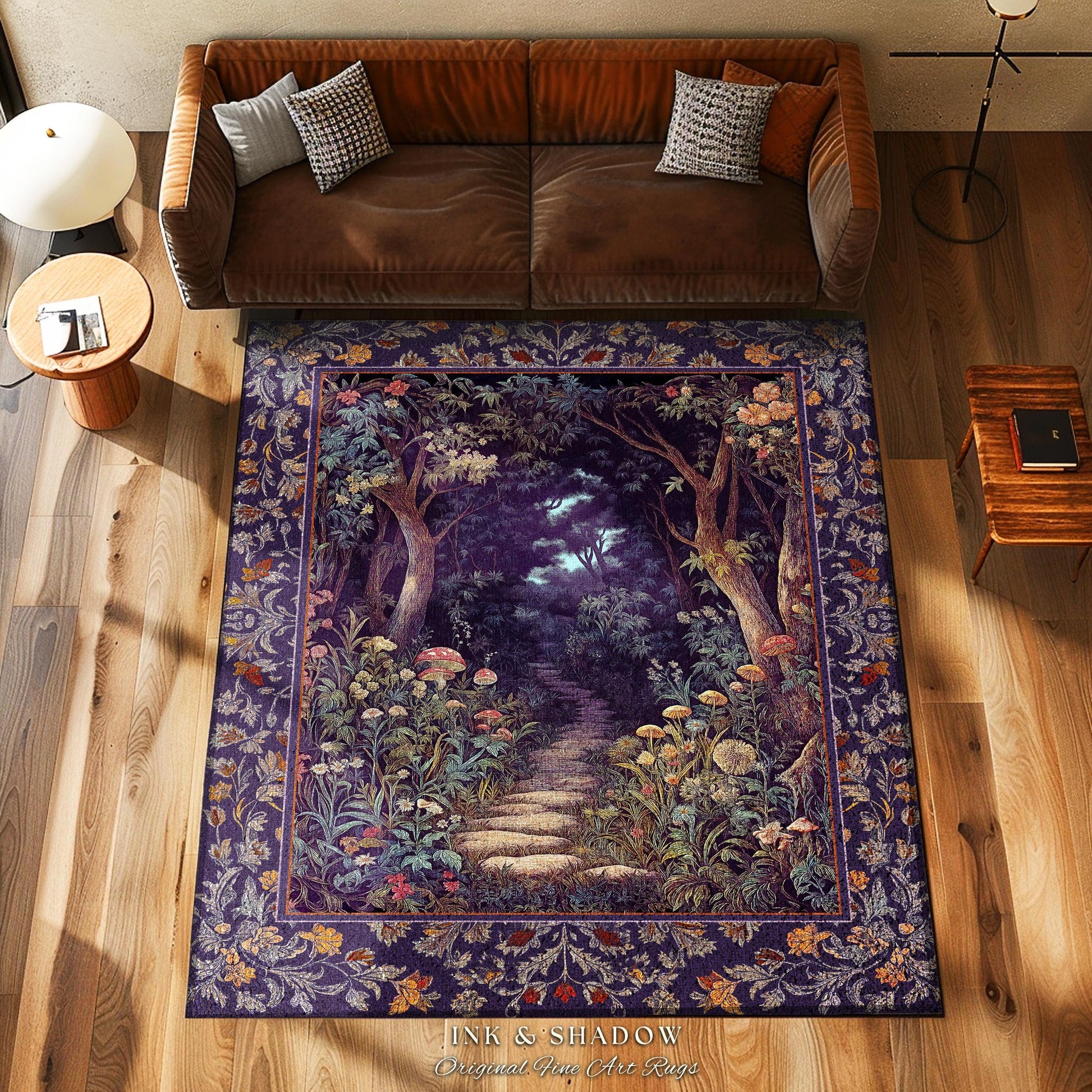 Magical Woodland Mushroom Round Rug | Fairytale Theme Woodland Botanical Aesthetic Whimsical Home Decor Bedroom Housewarming Gift Purple |