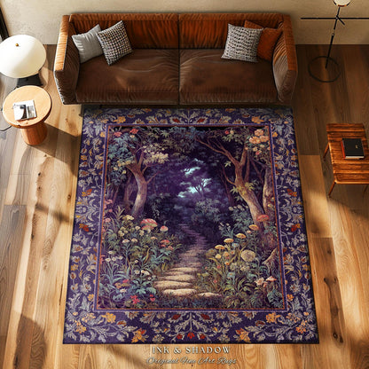 Magical Woodland Mushroom Round Rug | Fairytale Theme Woodland Botanical Aesthetic Whimsical Home Decor Bedroom Housewarming Gift Purple |