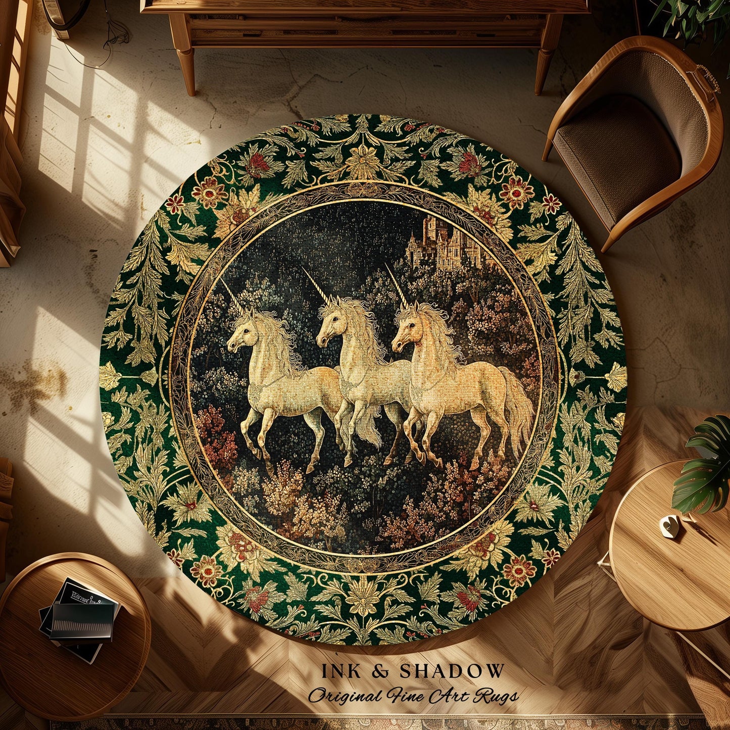 Fairytale Theme Moonlit Ethereal Rug | Unicorn Royalcore Accent Rug Castle Aesthetic Dreamy Bedroom Baroque Home Accent Gothic Art Area Rug