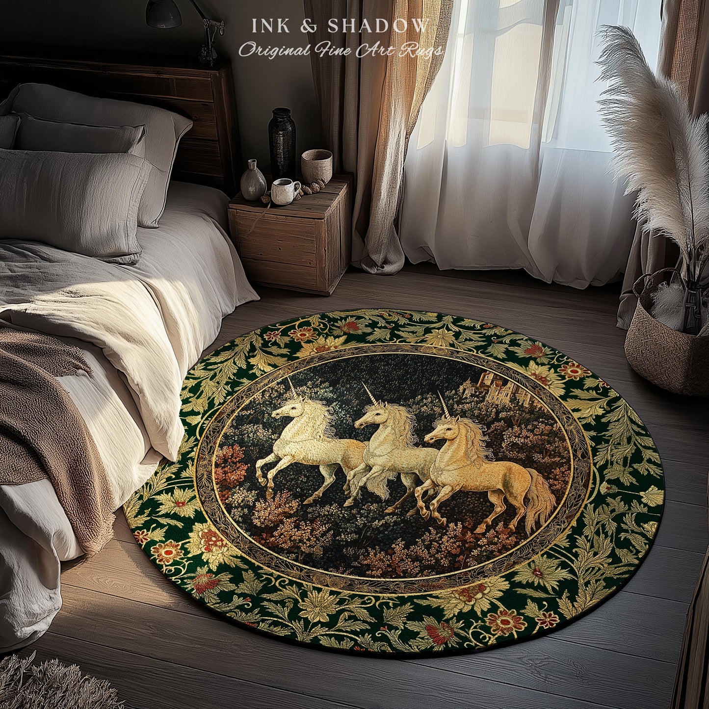Fairytale Theme Moonlit Ethereal Rug | Unicorn Royalcore Accent Rug Castle Aesthetic Dreamy Bedroom Baroque Home Accent Gothic Art Area Rug
