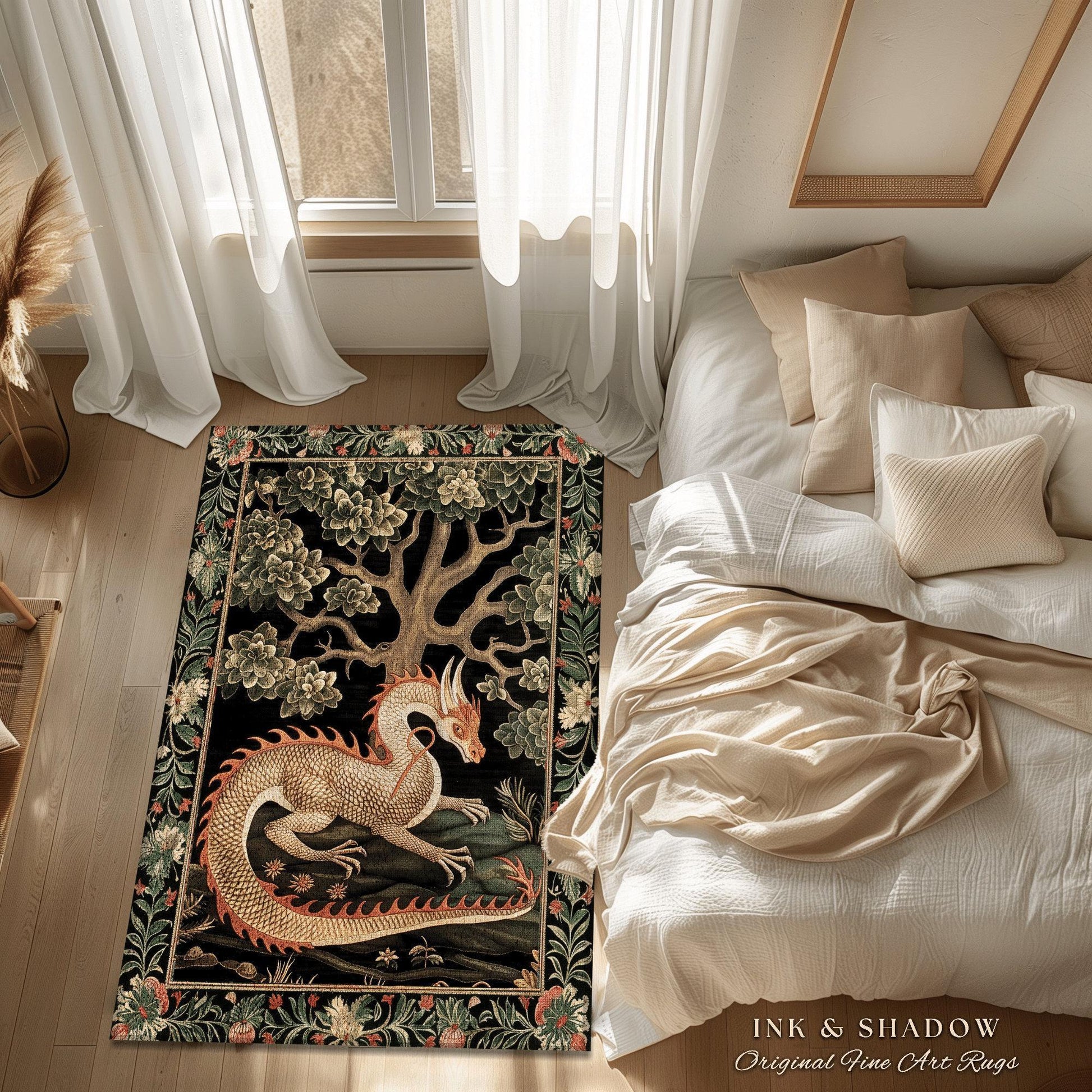 Mystic Medieval Dragon Round Area Rug | Gothic Home Decor Fairycore Bedroom Magical Aesthetic Maximalist Gift for Goth Woodland Dragon Lover