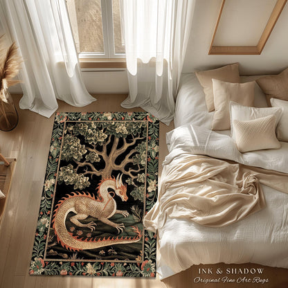 Mystic Medieval Dragon Round Area Rug | Gothic Home Decor Fairycore Bedroom Magical Aesthetic Maximalist Gift for Goth Woodland Dragon Lover