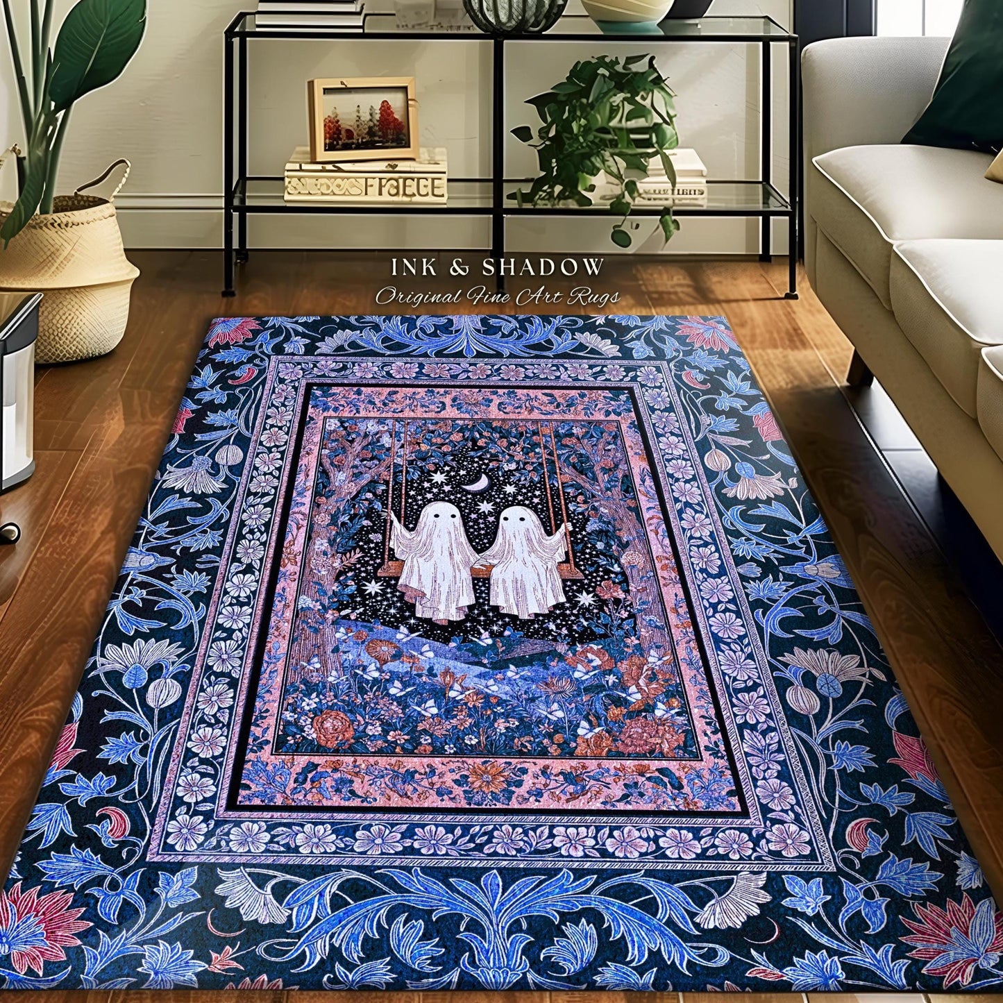 Midnight Magic Ghosts Area Rug | Enchanted Forest Bedroom Moody Accent Pastel Folklore-Inspired Whimsigoth Halloween Style Romantic Decor |