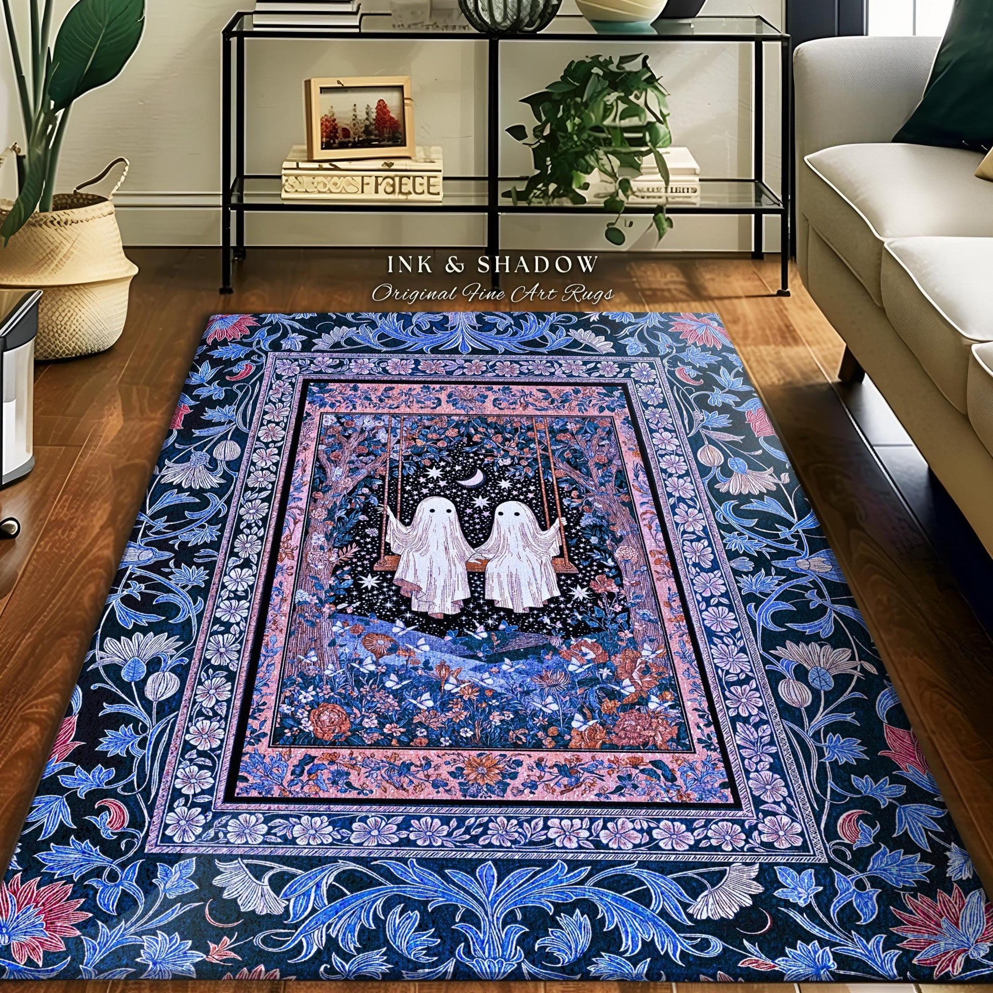Midnight Magic Ghosts Area Rug | Enchanted Forest Bedroom Moody Accent Pastel Folklore-Inspired Whimsigoth Halloween Style Romantic Decor |
