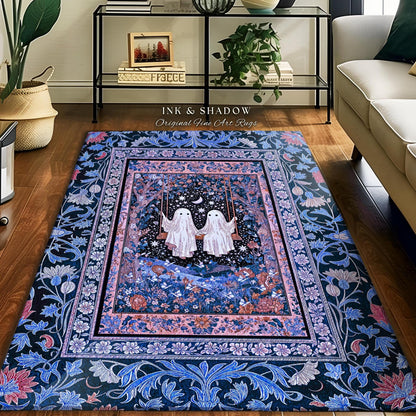 Midnight Magic Ghosts Area Rug | Enchanted Forest Bedroom Moody Accent Pastel Folklore-Inspired Whimsigoth Halloween Style Romantic Decor |