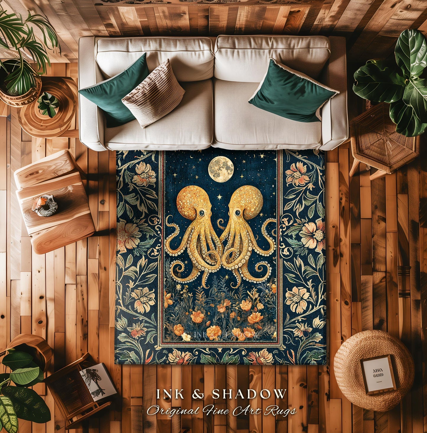 May include: A navy blue rug with a gold frame and floral border. The center of the rug features two golden yellow octopuses facing each other with a full moon and stars in the background. The text at the bottom of the rug reads 'INK & SHADOW Original Fine Art Rugs'.