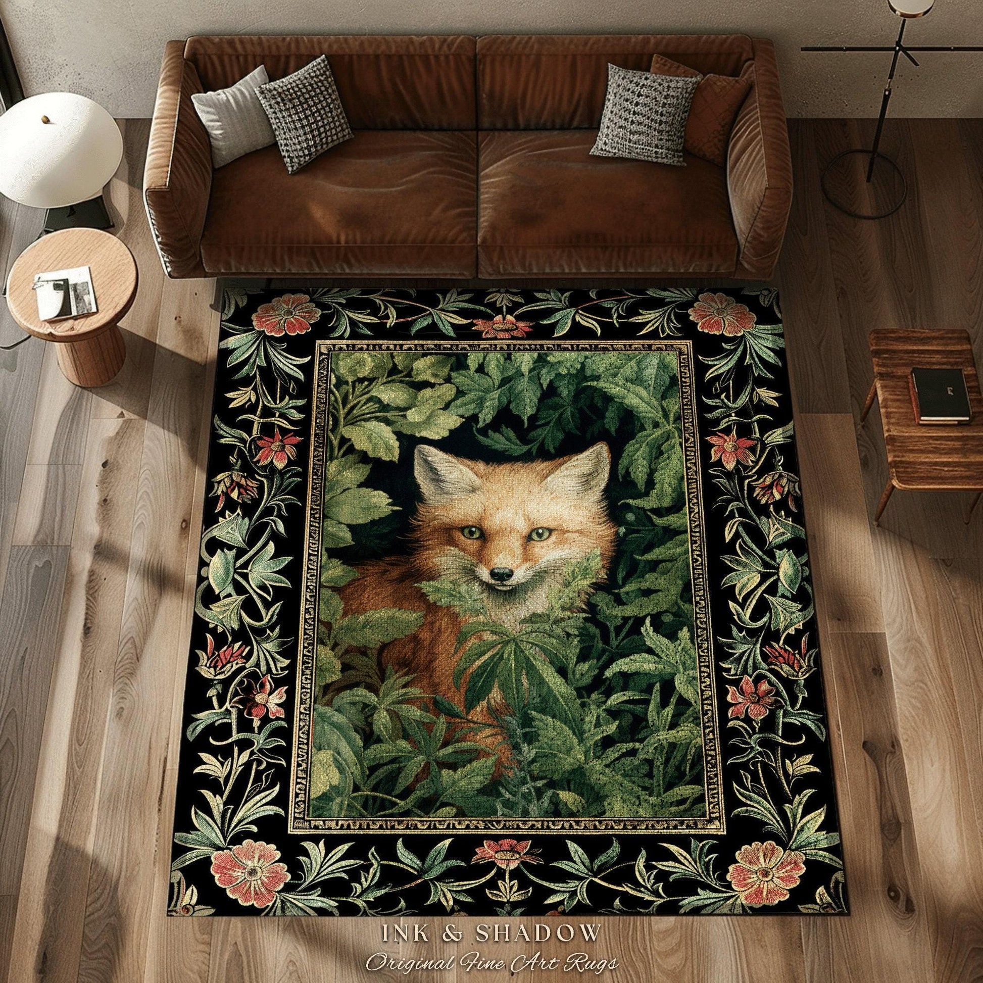 Dark Botanical Round Fox Rug Vintage Forest Aesthetic | Cottagecore Woodland Gothic Fox Art Decor Boho Fairycore Nature Lovers Floral Whimsy