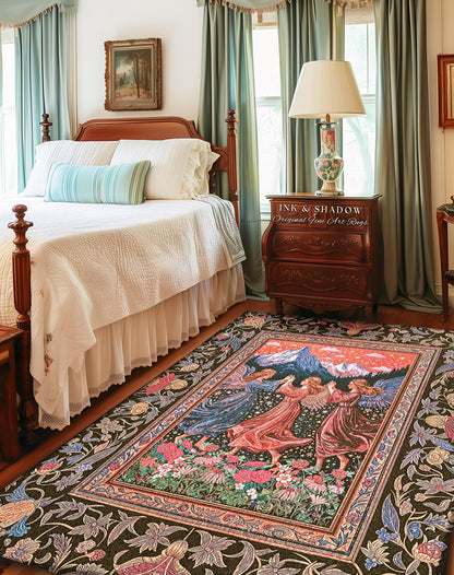 May include: A rectangular area rug with a floral border and a central image of three figures dancing in a field. The rug features a dark background with pink, blue, and green floral patterns. The central image depicts figures in flowing gowns.